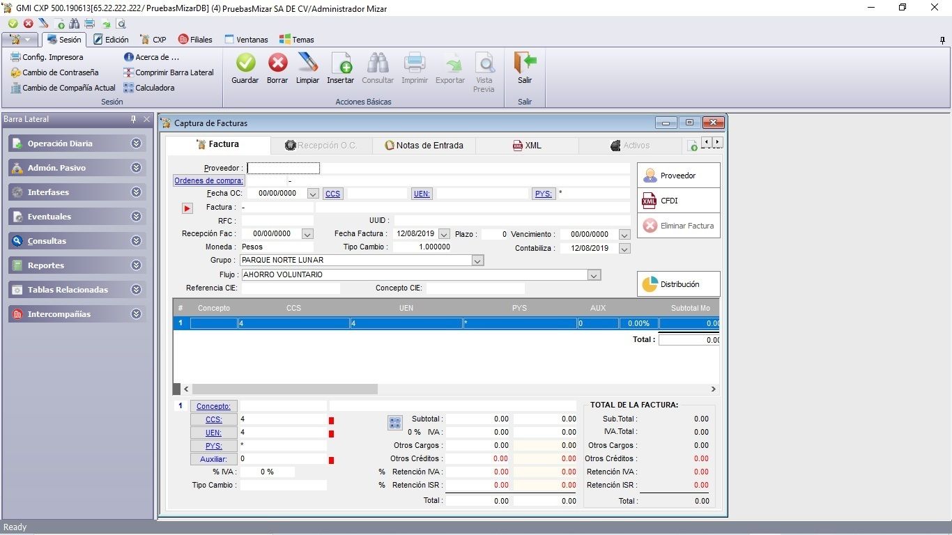 Imagen cuentas por pagar interfaz contable Mizar